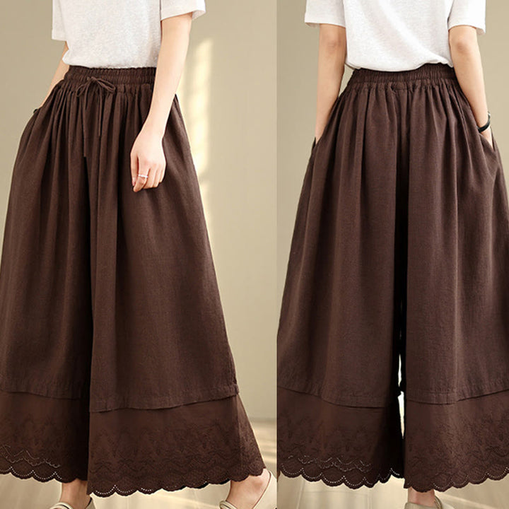 Buddha Stones Spring Embroidery Lace Hem Patchwork Drawstring Design Women's Wide Leg Cotton Pants With Pockets - image 17