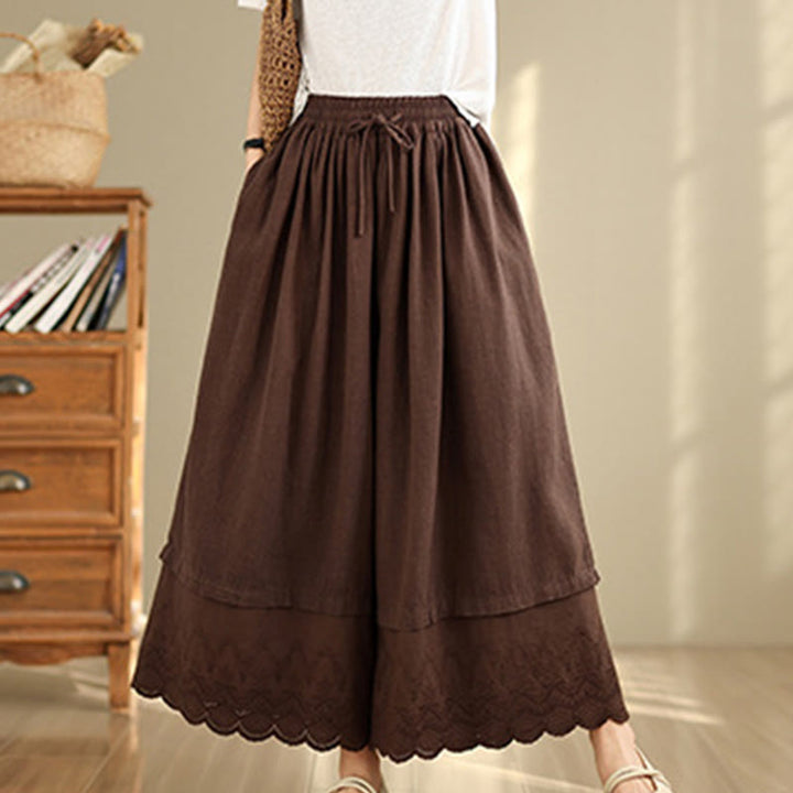 Buddha Stones Spring Embroidery Lace Hem Patchwork Drawstring Design Women's Wide Leg Cotton Pants With Pockets - image 14