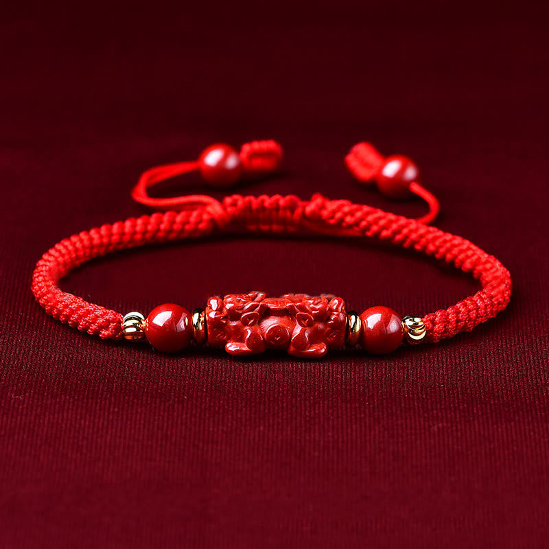 Buddha Stones Handcrafted Pixiu Cinnabar Ruyi Stick Wealth Luck Braided Bracelet - Cinnabar PiXiu(Wrist Circumference: 14-19cm) - image 0
