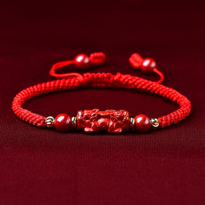 Buddha Stones Handcrafted Pixiu Cinnabar Ruyi Stick Wealth Luck Braided Bracelet - Cinnabar PiXiu(Wrist Circumference: 14-19cm) - image 0