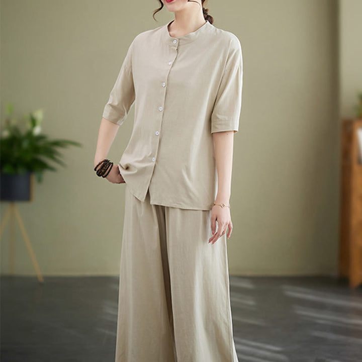 Buddha Stones 2Pcs Casual Solid Color Button Design Half Sleeve Shirt Wide Leg Pants With Pockets Cotton Zen Clothing Women's Set - image 20