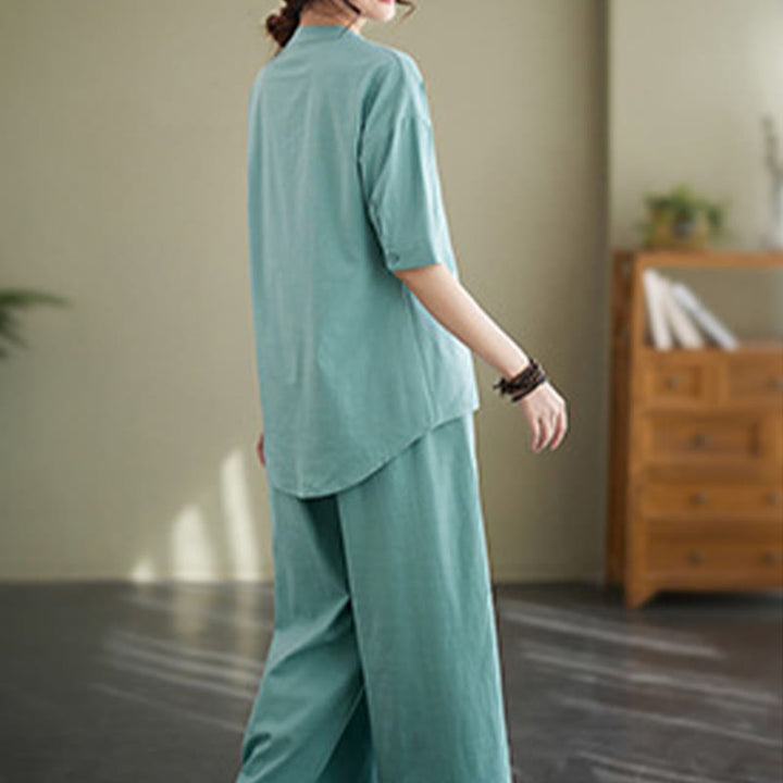 Buddha Stones 2Pcs Casual Solid Color Button Design Half Sleeve Shirt Wide Leg Pants With Pockets Cotton Zen Clothing Women's Set - image 11