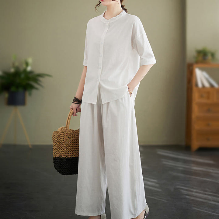 Buddha Stones 2Pcs Casual Solid Color Button Design Half Sleeve Shirt Wide Leg Pants With Pockets Cotton Zen Clothing Women's Set - image 1