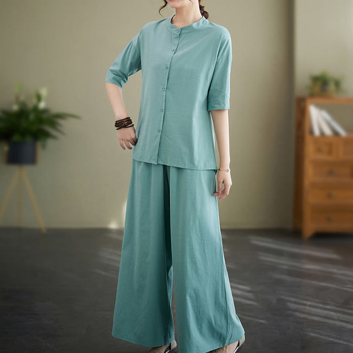 Buddha Stones 2Pcs Casual Solid Color Button Design Half Sleeve Shirt Wide Leg Pants With Pockets Cotton Zen Clothing Women's Set - image 10