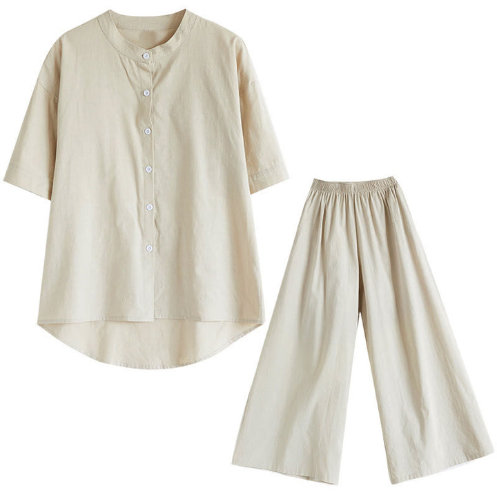 Buddha Stones 2Pcs Casual Solid Color Button Design Half Sleeve Shirt Wide Leg Pants With Pockets Cotton Zen Clothing Women's Set - image 30