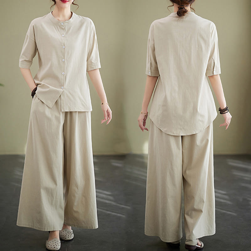 Buddha Stones 2Pcs Casual Solid Color Button Design Half Sleeve Shirt Wide Leg Pants With Pockets Cotton Zen Clothing Women's Set - image 29