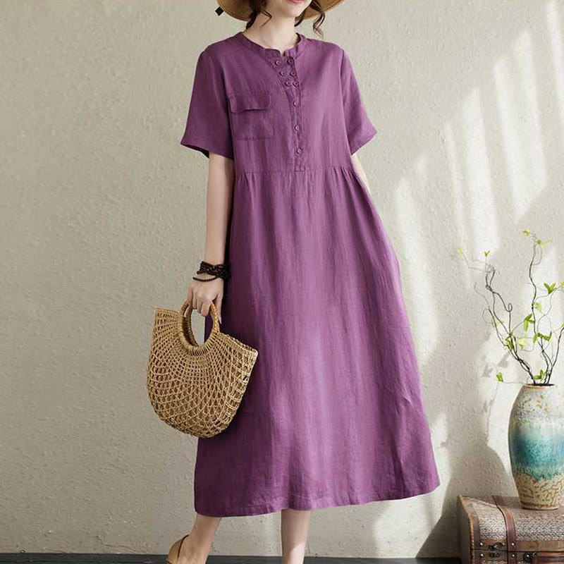 Buddha Stones Stand Collar Buttons Design Linen Short Sleeve Midi Dress With Pockets - DarkOrchid - US8-10，UK/AU12-14，EU40-42 (2XL) - image 0