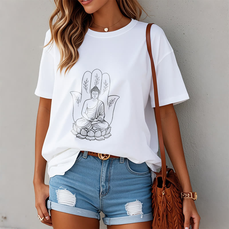 Buddha Stones Meditating Buddha Seated Hand Leaves Lotus Base Tee T-shirt - image 2