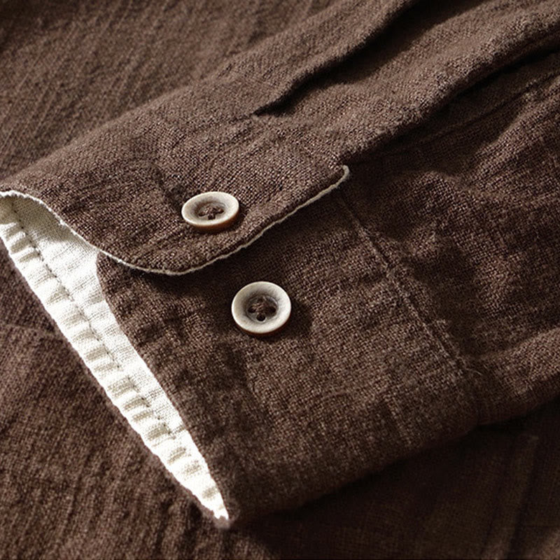 Buddha Stones Solid Color Men's Buttons Long Sleeve Cotton Linen Shirt With Pockets - image 3