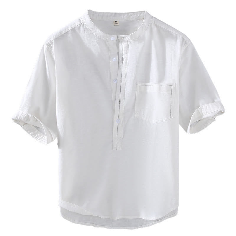 Buddha Stones Spring Pure Color Half Buttons Design Stand Collar Men's Short Sleeve Linen Shirt With Pocket - image 13