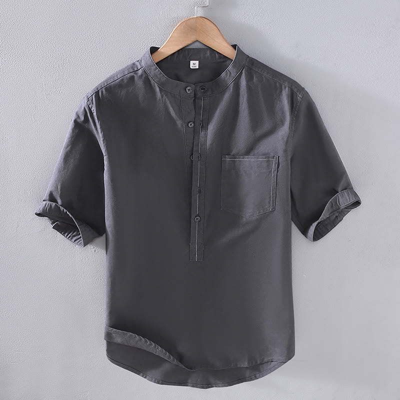 Buddha Stones Spring Pure Color Half Buttons Design Stand Collar Men's Short Sleeve Linen Shirt With Pocket - SlateGray - US/UK/AU42，EU52 (3XL) - image 0