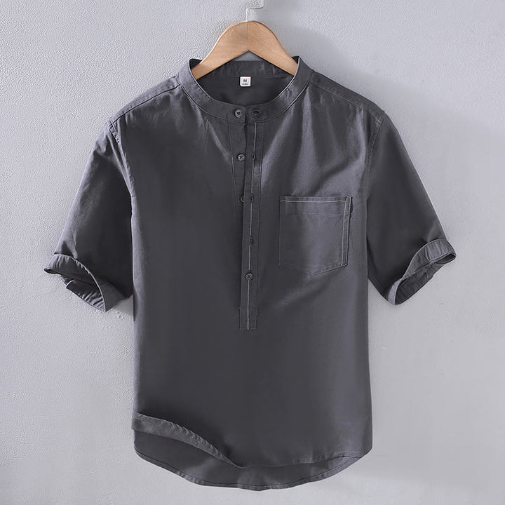 Buddha Stones Spring Pure Color Half Buttons Design Stand Collar Men's Short Sleeve Linen Shirt With Pocket - SlateGray - US/UK/AU42，EU52 (3XL) - image 0