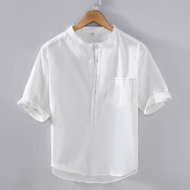 Buddha Stones Spring Pure Color Half Buttons Design Stand Collar Men's Short Sleeve Linen Shirt With Pocket - White - US/UK/AU42，EU52 (3XL) - image 3