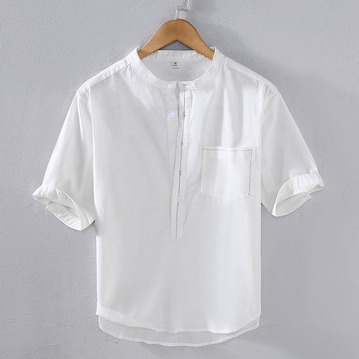 Buddha Stones Spring Pure Color Half Buttons Design Stand Collar Men's Short Sleeve Linen Shirt With Pocket - White - US/UK/AU42，EU52 (3XL) - image 3