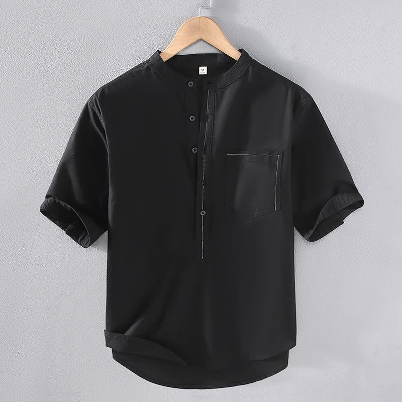 Buddha Stones Spring Pure Color Half Buttons Design Stand Collar Men's Short Sleeve Linen Shirt With Pocket - Black - US/UK/AU42，EU52 (3XL) - image 1