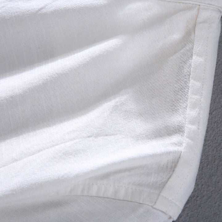 Buddha Stones Spring Pure Color Half Buttons Design Stand Collar Men's Short Sleeve Linen Shirt With Pocket - image 10