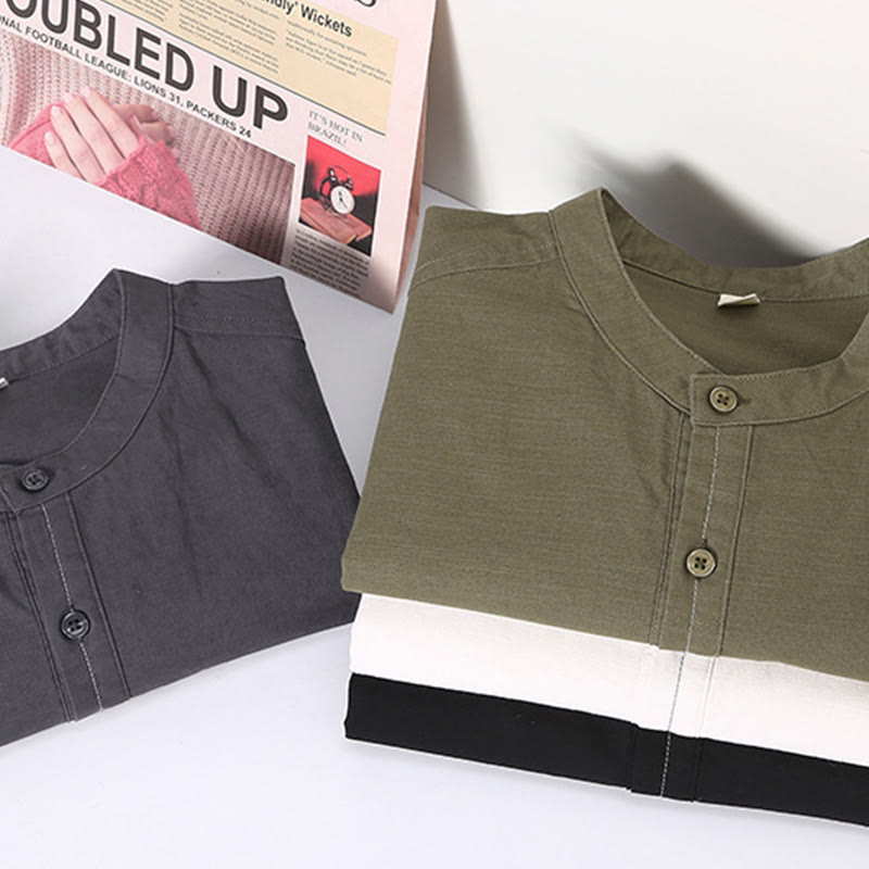 Buddha Stones Spring Pure Color Half Buttons Design Stand Collar Men's Short Sleeve Linen Shirt With Pocket - image 15