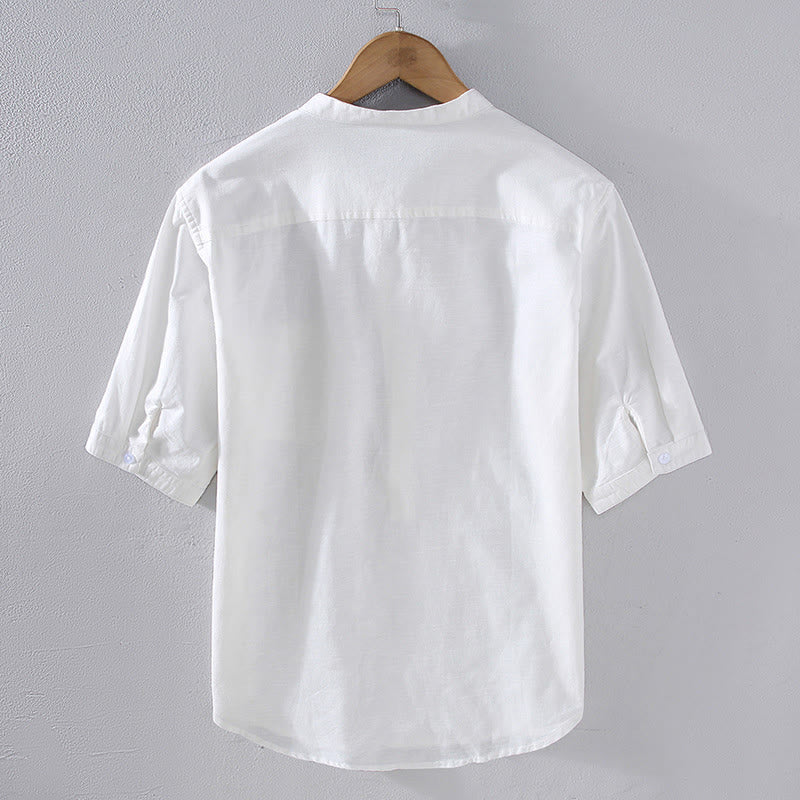 Buddha Stones Spring Pure Color Half Buttons Design Stand Collar Men's Short Sleeve Linen Shirt With Pocket - image 4