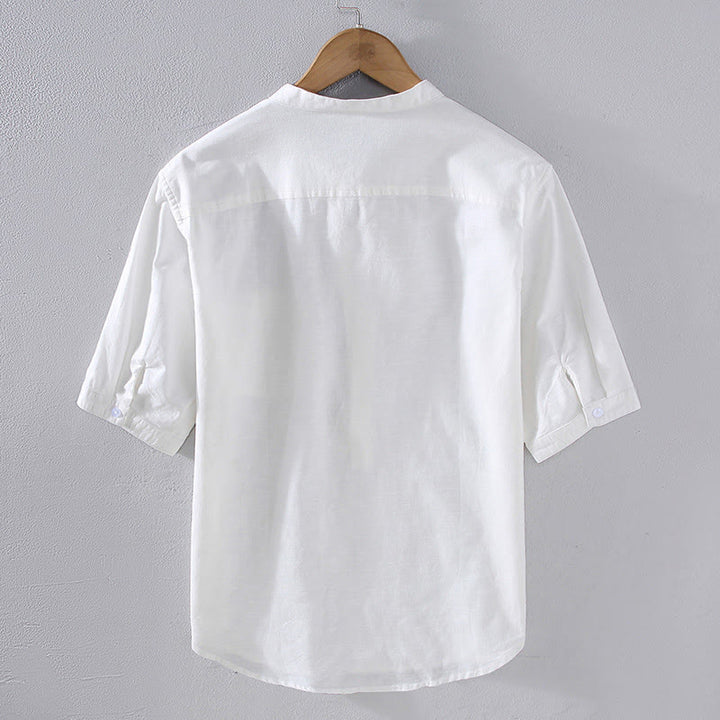 Buddha Stones Spring Pure Color Half Buttons Design Stand Collar Men's Short Sleeve Linen Shirt With Pocket - image 4