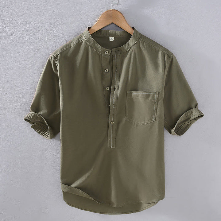 Buddha Stones Spring Pure Color Half Buttons Design Stand Collar Men's Short Sleeve Linen Shirt With Pocket - OliveDrab - US/UK/AU42，EU52 (3XL) - image 2