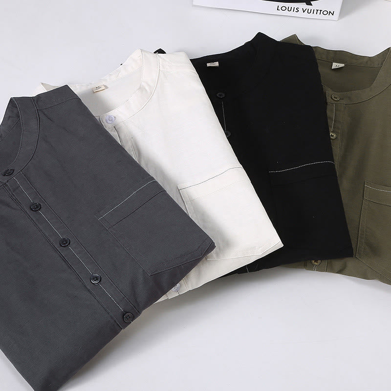 Buddha Stones Spring Pure Color Half Buttons Design Stand Collar Men's Short Sleeve Linen Shirt With Pocket - image 14