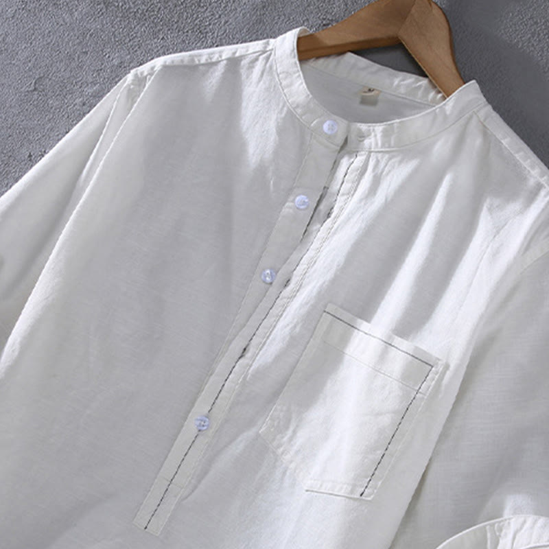 Buddha Stones Spring Pure Color Half Buttons Design Stand Collar Men's Short Sleeve Linen Shirt With Pocket - image 5