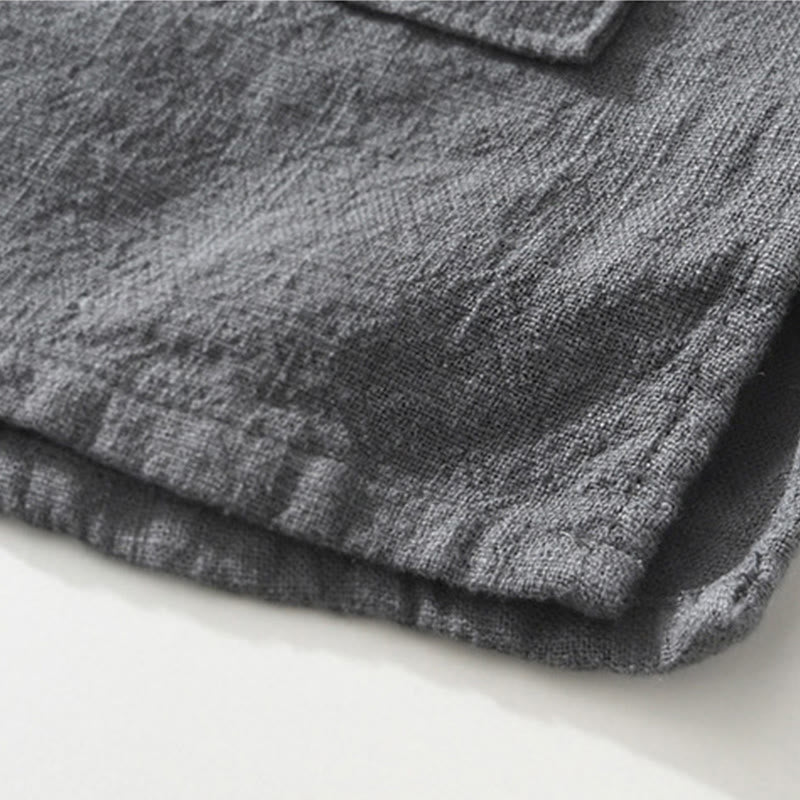 Buddha Stones Casual Buttons Design Stand Collar Men's Short Sleeve Cotton Linen Shirt With Pockets - image 5