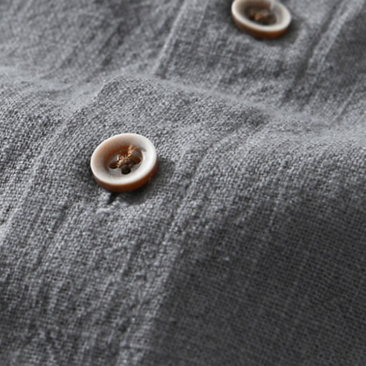 Buddha Stones Casual Buttons Design Stand Collar Men's Short Sleeve Cotton Linen Shirt With Pockets - image 2