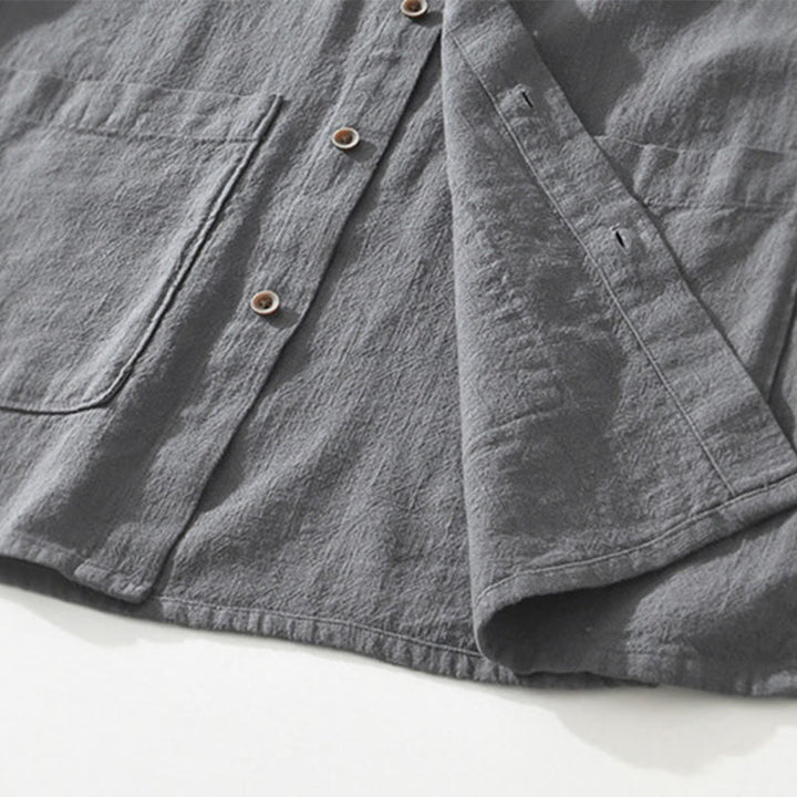 Buddha Stones Casual Buttons Design Stand Collar Men's Short Sleeve Cotton Linen Shirt With Pockets - image 6