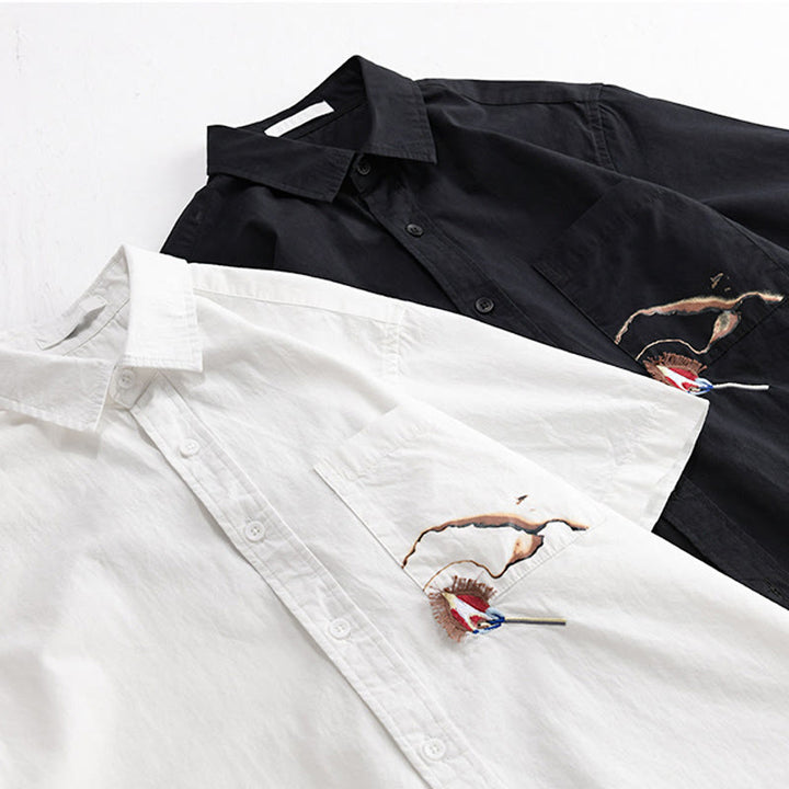 Buddha Stones Embroidery Match Flame Pattern Lapel Men's Short Sleeve Cotton Shirt With Pocket - image 13