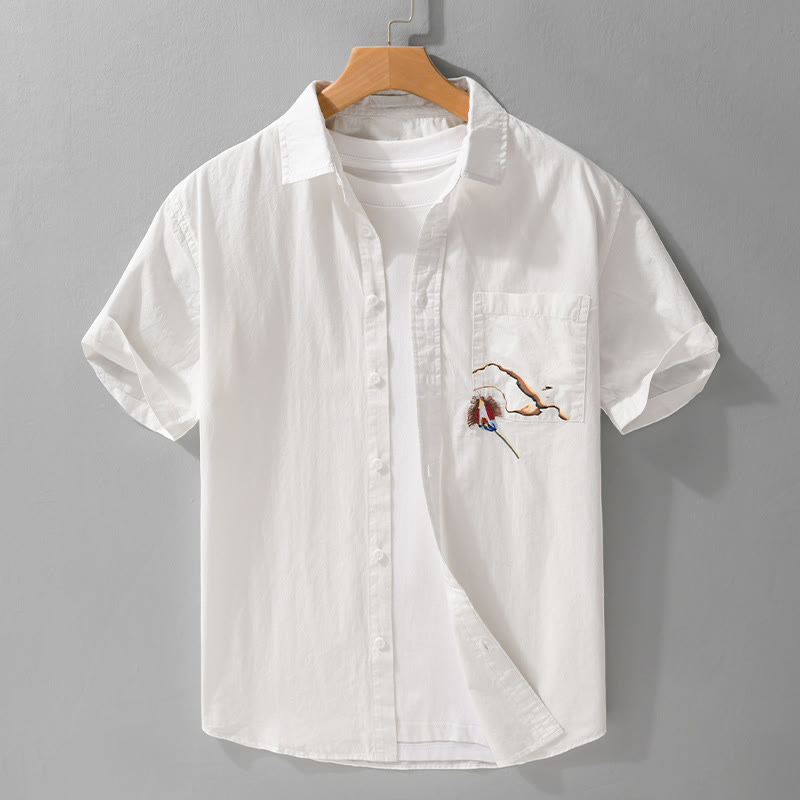 Buddha Stones Embroidery Match Flame Pattern Lapel Men's Short Sleeve Cotton Shirt With Pocket - White - US/UK/AU42，EU52 (3XL) - image 0