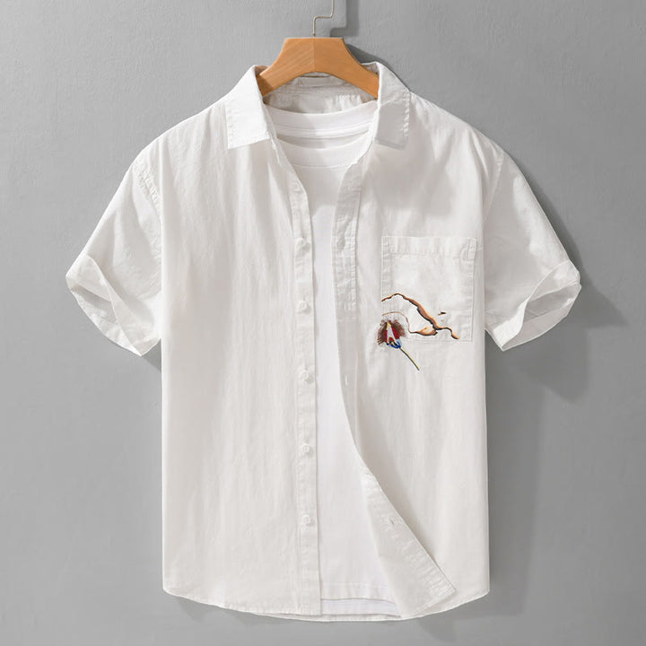 Buddha Stones Embroidery Match Flame Pattern Lapel Men's Short Sleeve Cotton Shirt With Pocket - White - US/UK/AU42，EU52 (3XL) - image 0