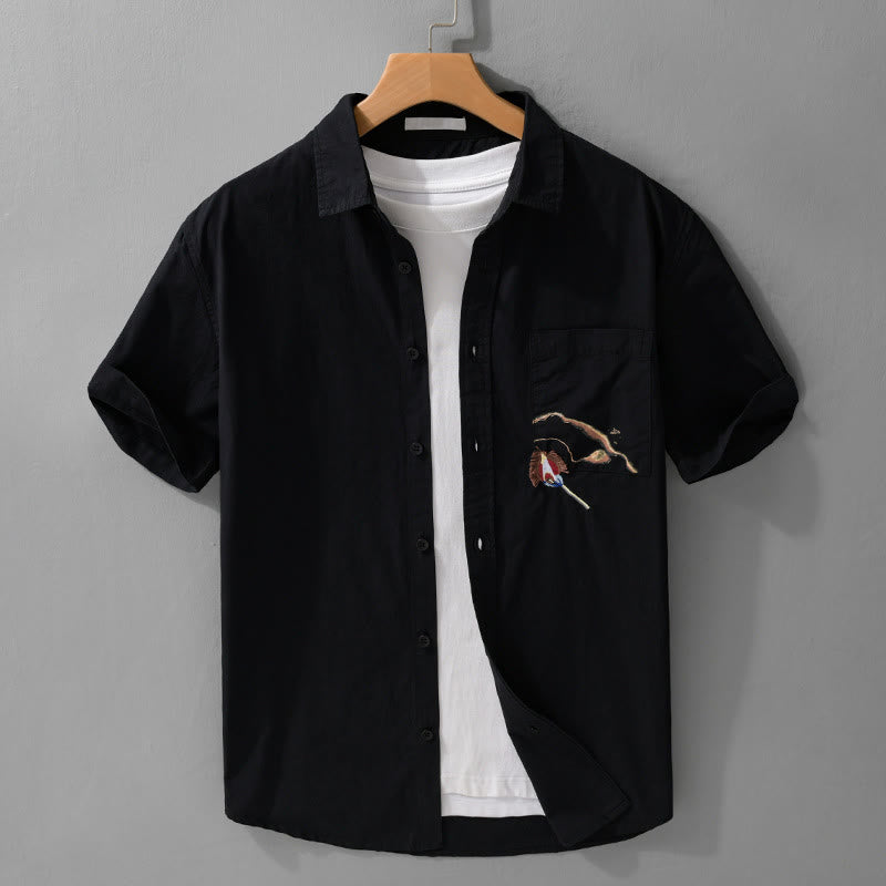 Buddha Stones Embroidery Match Flame Pattern Lapel Men's Short Sleeve Cotton Shirt With Pocket - Black - US/UK/AU42，EU52 (3XL) - image 9