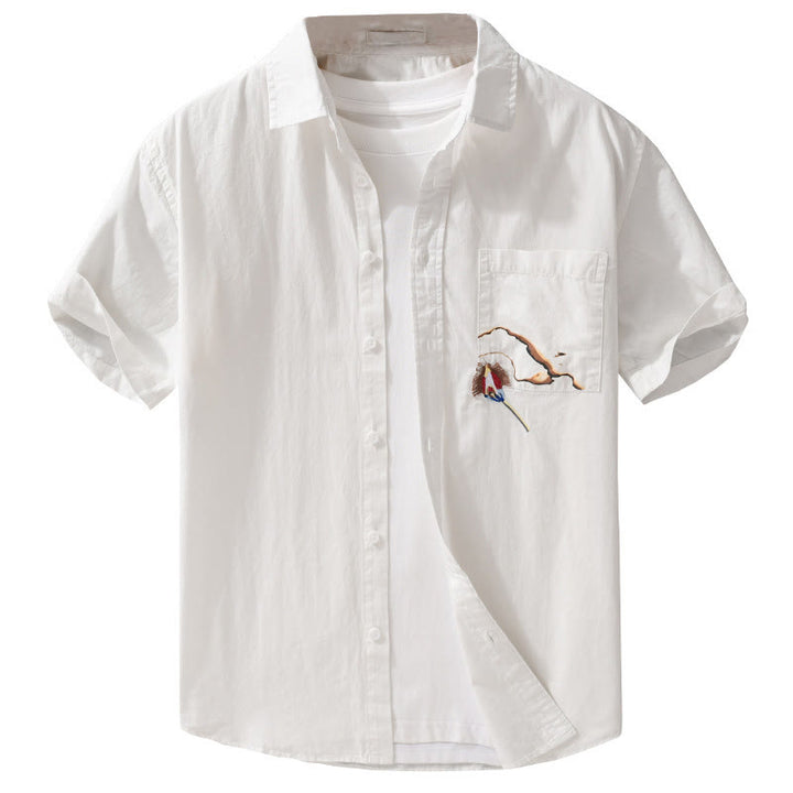 Buddha Stones Embroidery Match Flame Pattern Lapel Men's Short Sleeve Cotton Shirt With Pocket - image 8