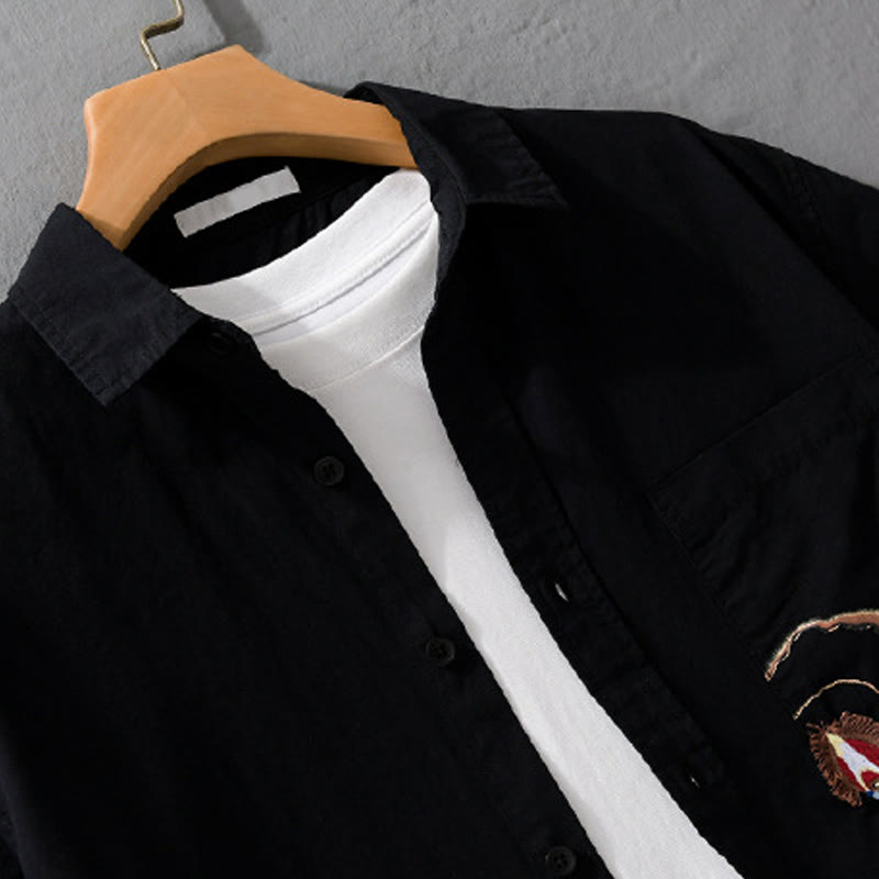 Buddha Stones Embroidery Match Flame Pattern Lapel Men's Short Sleeve Cotton Shirt With Pocket - image 10