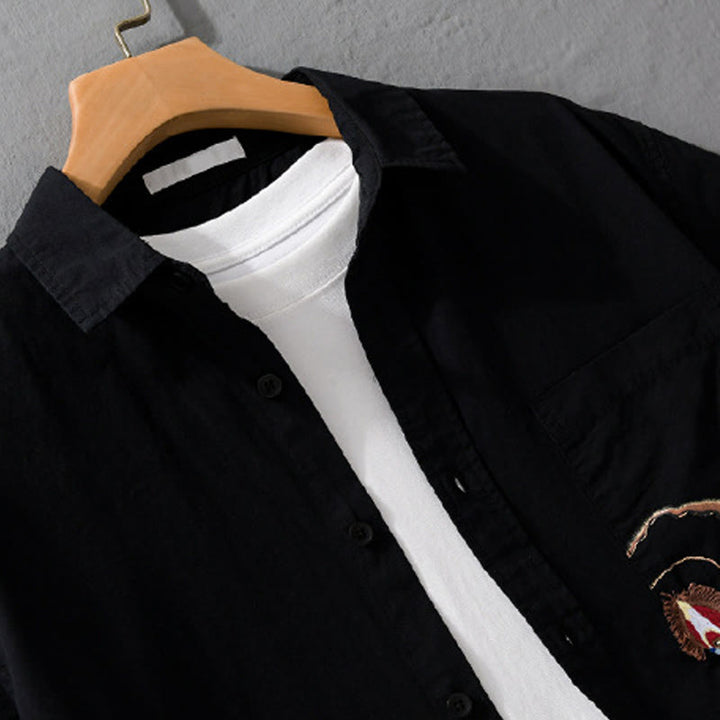 Buddha Stones Embroidery Match Flame Pattern Lapel Men's Short Sleeve Cotton Shirt With Pocket - image 10