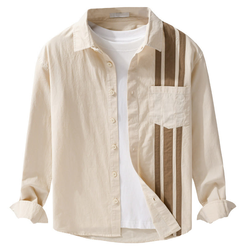 Buddha Stones Fall Lapel Color Contrast Patchwork Design Men's Long Sleeve Cotton Shirt With Pocket - image 7