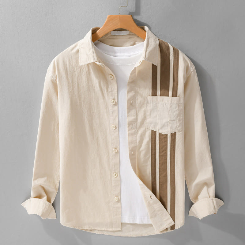 Buddha Stones Fall Lapel Color Contrast Patchwork Design Men's Long Sleeve Cotton Shirt With Pocket - Beige - US/UK/AU42，EU52 (3XL) - image 0