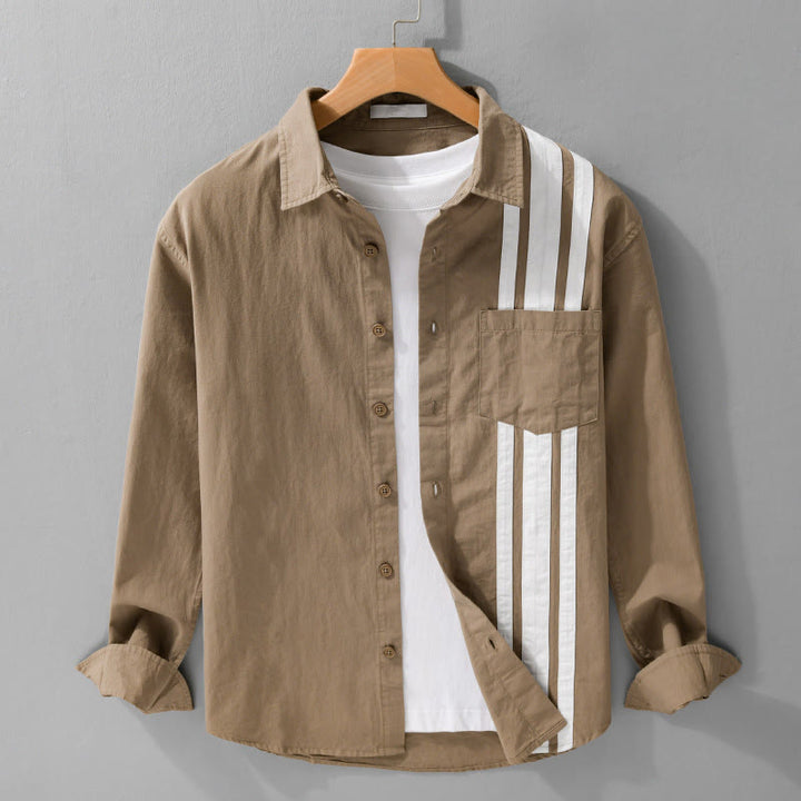 Buddha Stones Fall Lapel Color Contrast Patchwork Design Men's Long Sleeve Cotton Shirt With Pocket - Peru - US/UK/AU42，EU52 (3XL) - image 8