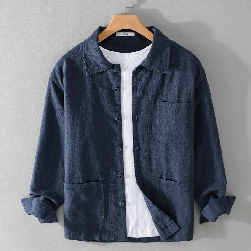 Buddha Stones Commute Fall Solid Color Lapel Men's Long Sleeve Cotton Linen Shirt With Pocket - MidnightBlue - US/UK/AU42，EU52 (3XL) - image 14