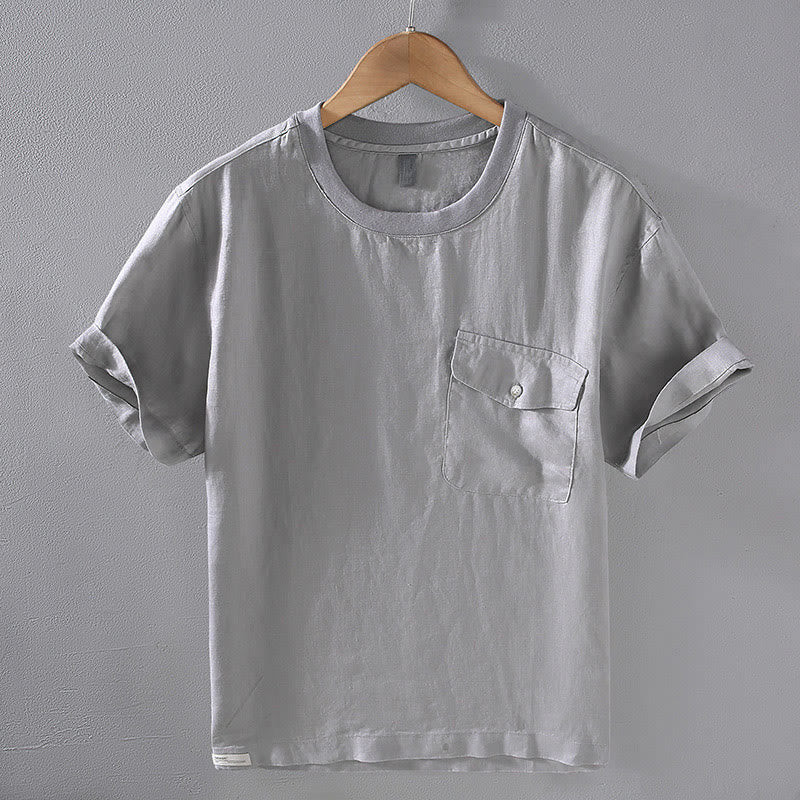 Buddha Stones Crew Neck Simple Design Men's Short Sleeve Linen Shirt With Pocket - DarkGray - US/UK/AU42，EU52 (3XL) - image 0