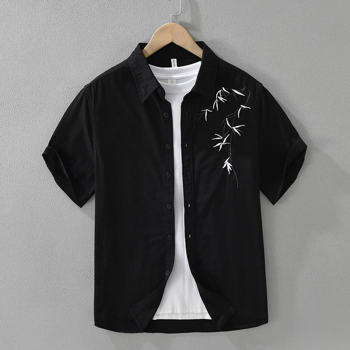 Buddha Stones Artistic Simple Design Embroidery Bamboo Pattern Men's Short Sleeve Cotton Shirt - Black - US/UK/AU42，EU52 (3XL) - image 0