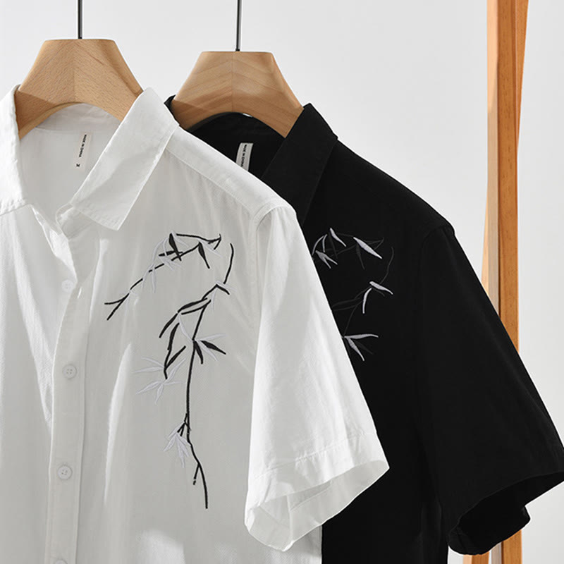 Buddha Stones Artistic Simple Design Embroidery Bamboo Pattern Men's Short Sleeve Cotton Shirt - image 15
