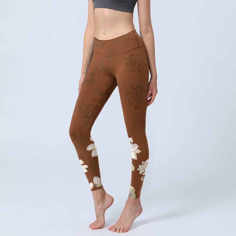 Buddha Stones Brown White Lotus Flower Print Gym Leggings Women's Yoga Pants - SaddleBrown - US18，UK/AU22，EU50 (4XL) - image 0