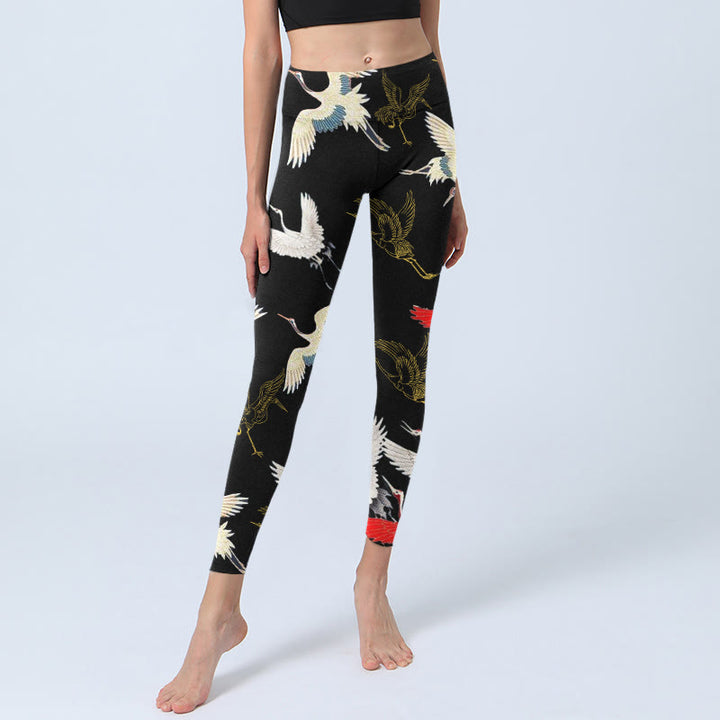 Buddha Stones White Red Gold Cranes Print Gym Leggings Women's Yoga Pants - image 5