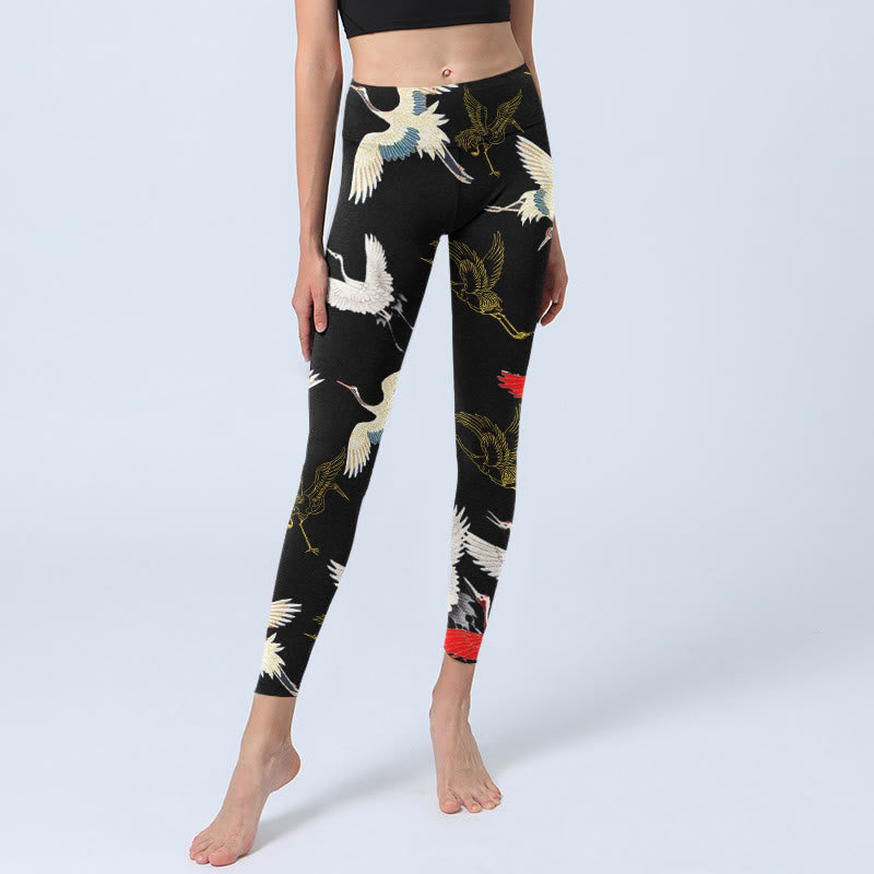 Buddha Stones White Red Gold Cranes Print Gym Leggings Women's Yoga Pants - image 5