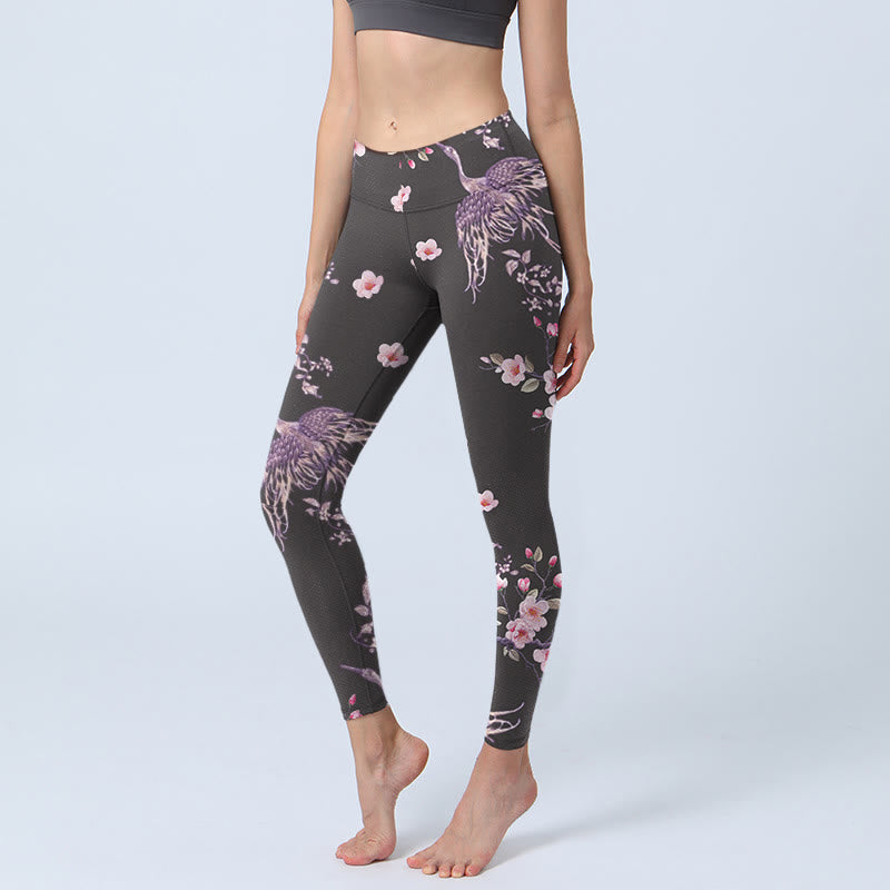 Buddha Stones Pink Flowers Flying Cranes Print Gym Leggings Women's Yoga Pants - Black - US18，UK/AU22，EU50 (4XL) - image 0