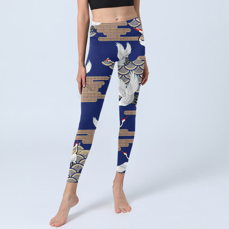 Buddha Stones Red-crowned Cranes Fan-shaped Auspicious Clouds Print Gym Leggings Women's Yoga Pants - image 5