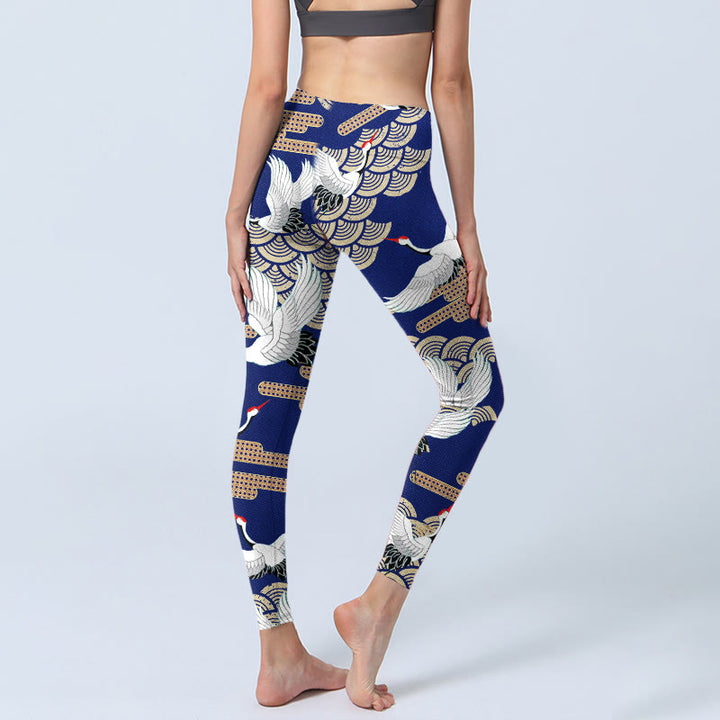 Buddha Stones Red-crowned Cranes Fan-shaped Auspicious Clouds Print Gym Leggings Women's Yoga Pants - image 4