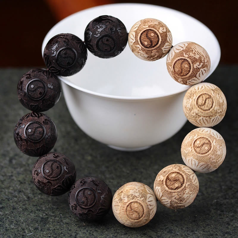 Buddha Stones Ebony Wood Camphor Wood Yin Yang Ox Engraved Peace Bracelet - Ebony Wood(Wrist Circumference 14-17cm) - image 0